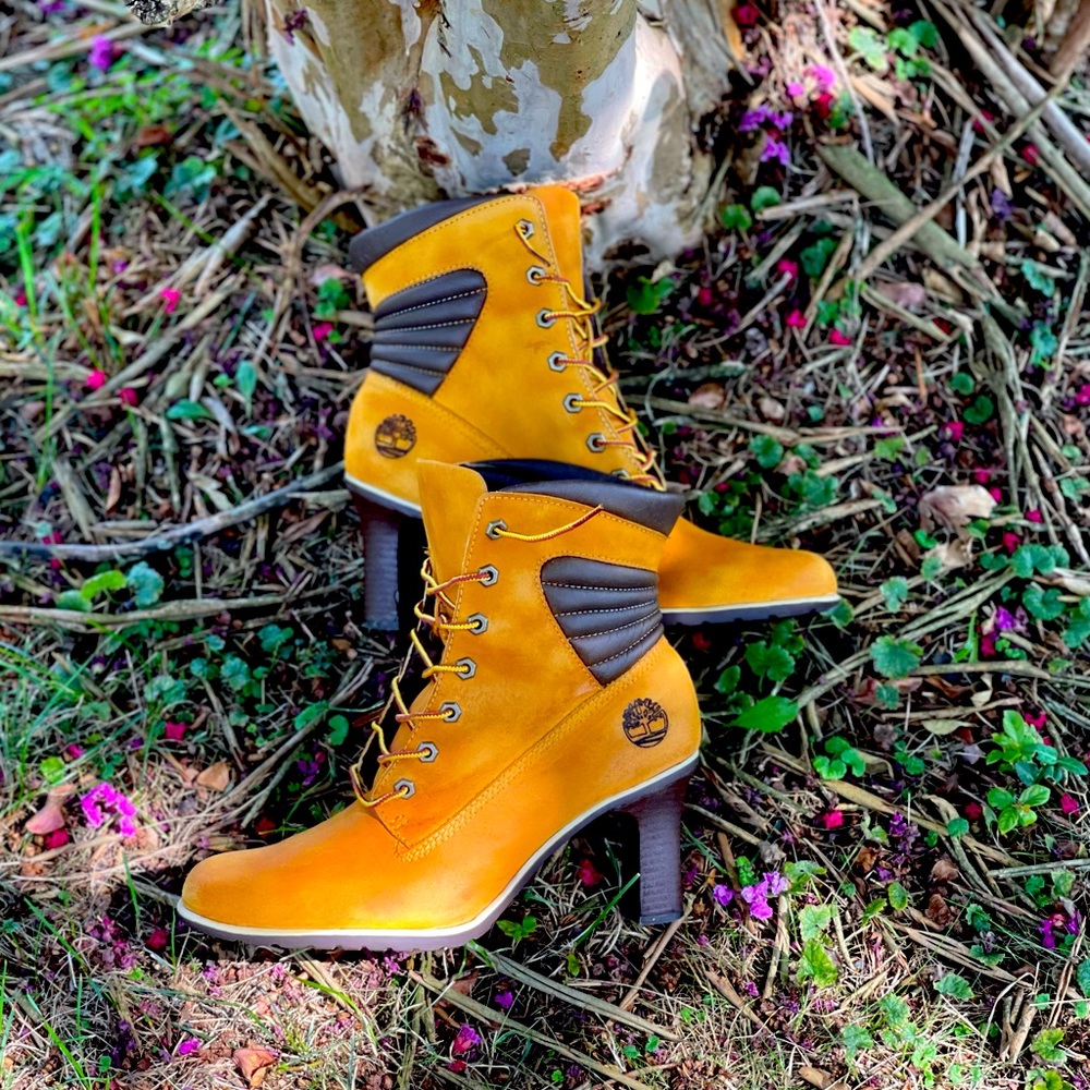 Women high heel Timberland boots.